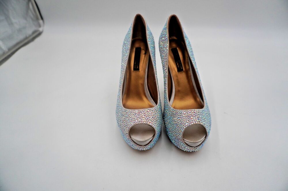 Benjamin Adams London Miami Silver Jewel Encrusted Peep Toe Platform Pumps S 6.5